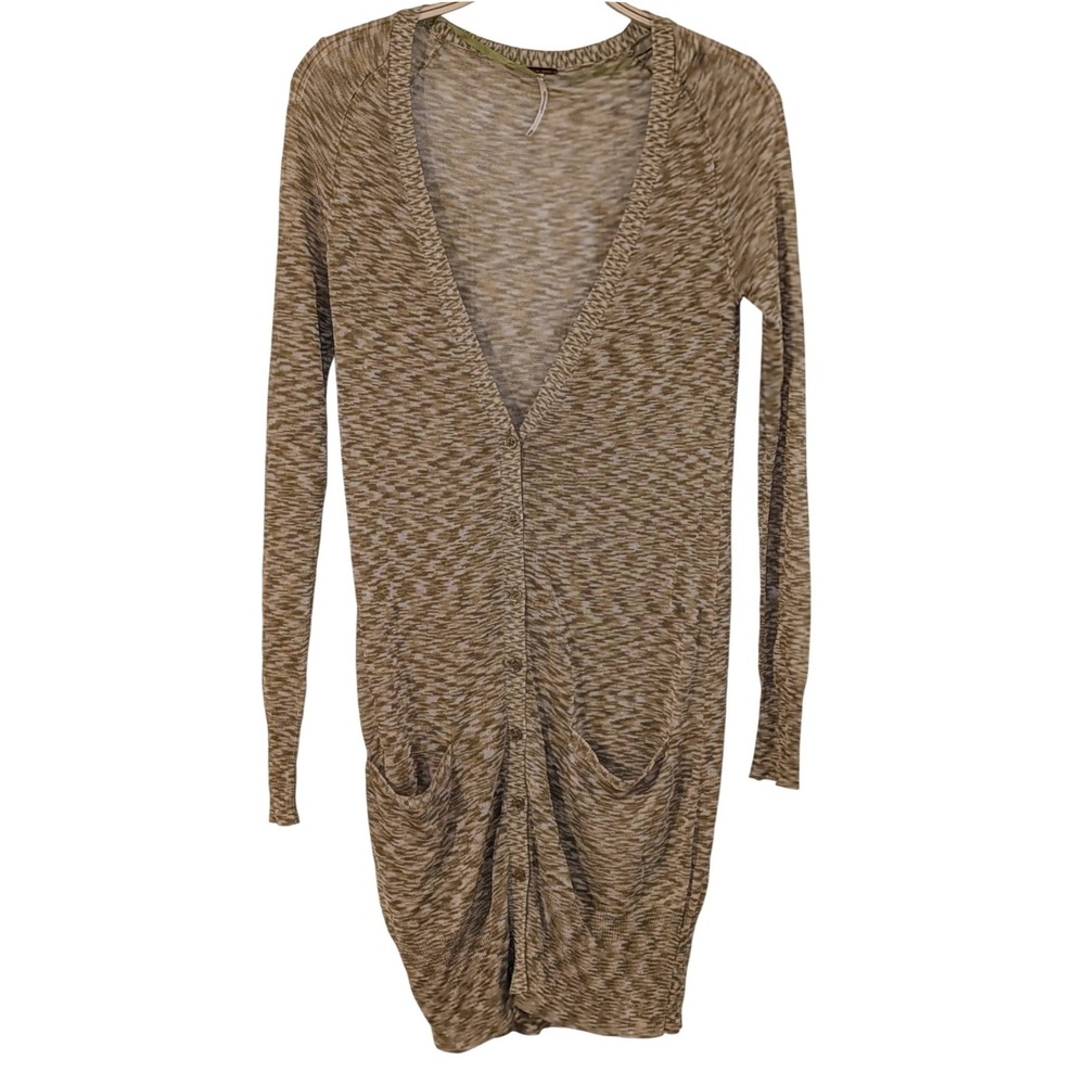 Free People Womens XS Tan Space Dye Button Front Longline Cardigan Sweater